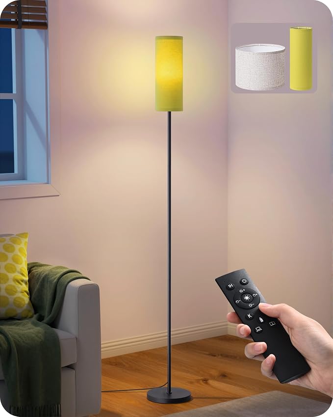 EDISHINE 2 Lampshades Modern Floor Lamps for Living Room Green | 63.7", Remote Control, Foot Switch, 2700-6000K Dimmable, 9W Bulb Included, Minimalist Standing Lamp for Bedroom, Office