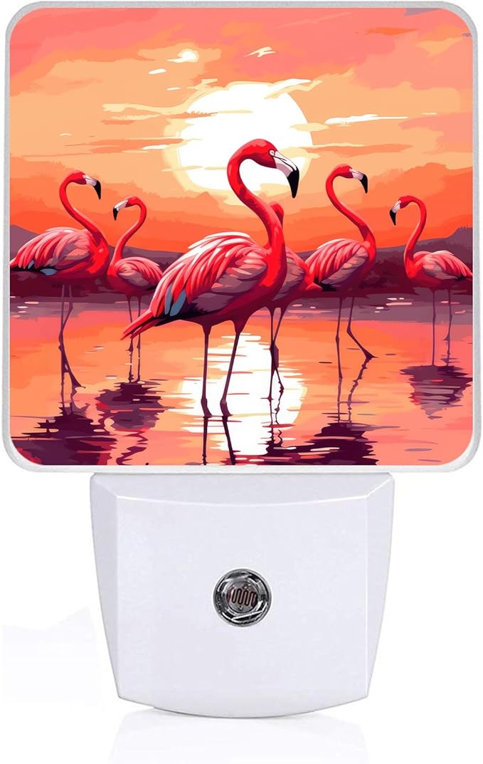 Pink Flamingo Night Light, Plug-into Sunset Nightlight White LED Lamp, Energy Efficient Decor Desk Lamp for Bedroom Hallway Stairs Bathroom