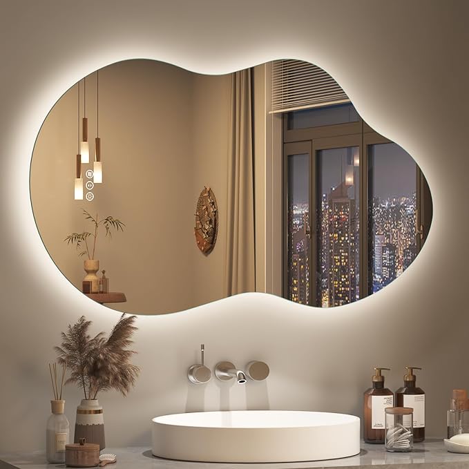 SMIROR 24x36 Irregular Backlit Led Lighted Bathroom Vanity Mirror | Asymmetrical, Cloud Shape, Anti-Fog, 3 Colors, Dimmable, Memory, Tempered Glass, UL