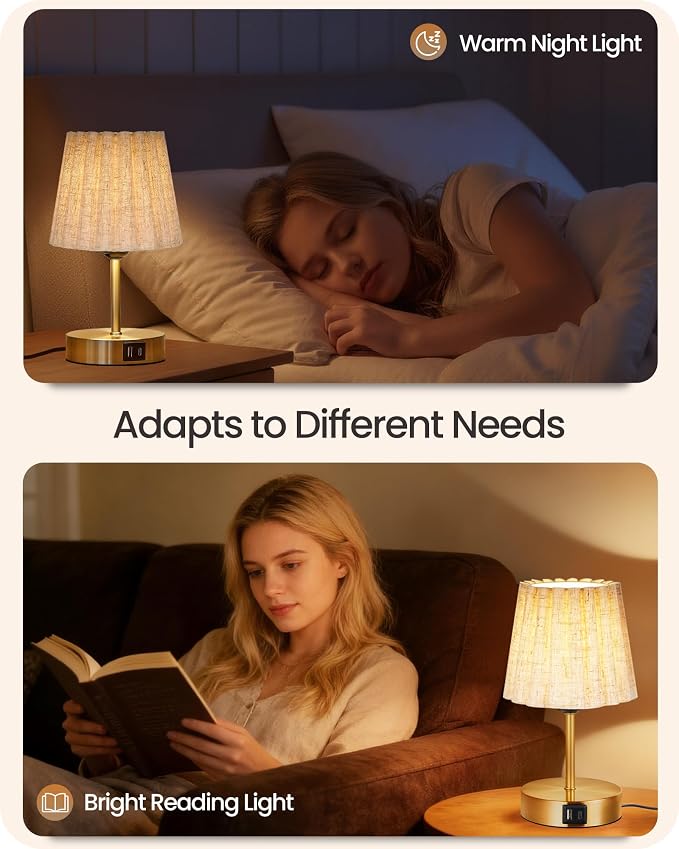 Small Bedside Table Lamps Set of 2, Touch Dimmable Table Lamps with USB Ports, Nightstand Lamps with 2 Stepless Dimming LED Bulbs, E26 Base, for Bedroom, Study, Gold and Beige DE16TLP205