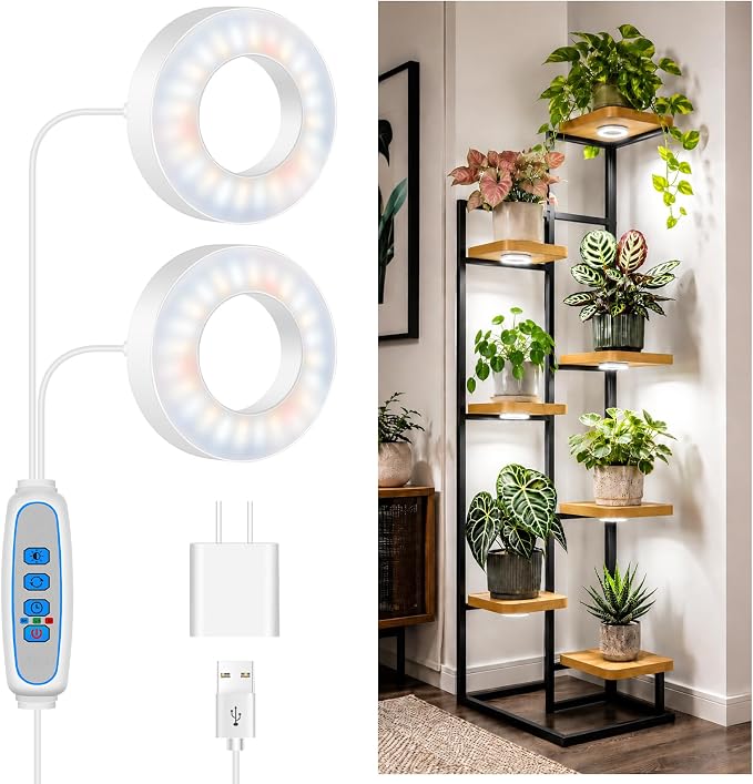 Wiaxulay 3.5in Grow Lights for Indoor Plants Growing, Full Spectrum 5V/2A | 2-Head White, 96 LEDs Halo Plant Light with 6/12/16H Timer, 3 Lighting Modes, 5 Brightness, Ceiling Under Cabinet Herbs