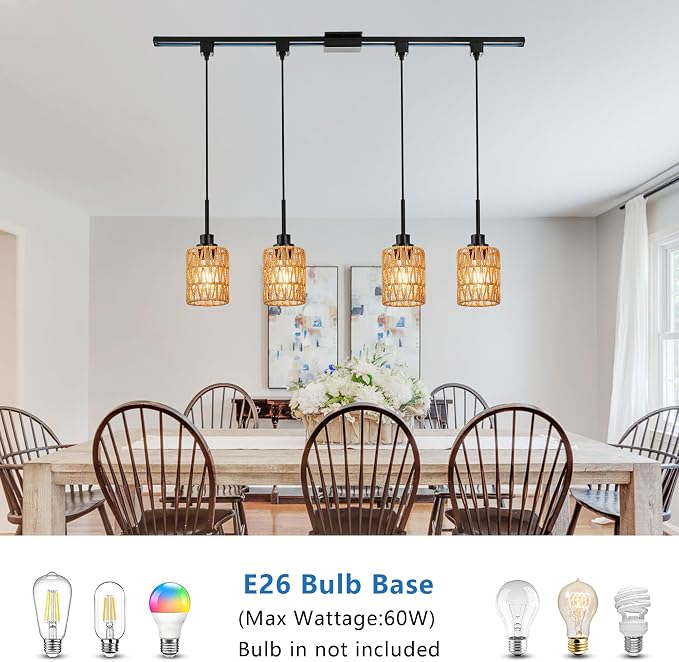 MELUCEE 4 Packs H-Type Track Hanging Light Black Ceiling Track Lighting | Rattan Pendant Light for Kitchen Island Dining Room Restaurant, Compatible with H Type Track Lighting Rail, E26 Socket