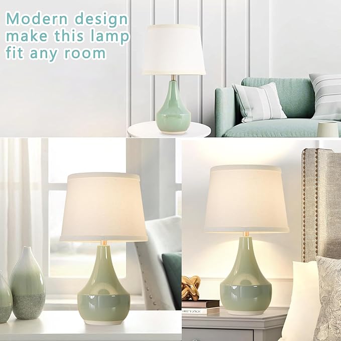 GyroVu 18" Table Lamp Set of 2, Ceramic Table Lamp Classic Beside Lamps Nightstand Lamp Modern Lamp for Living Room, Bedroom & Office Rocker Swtich Sage Green-LED Bulbs Included