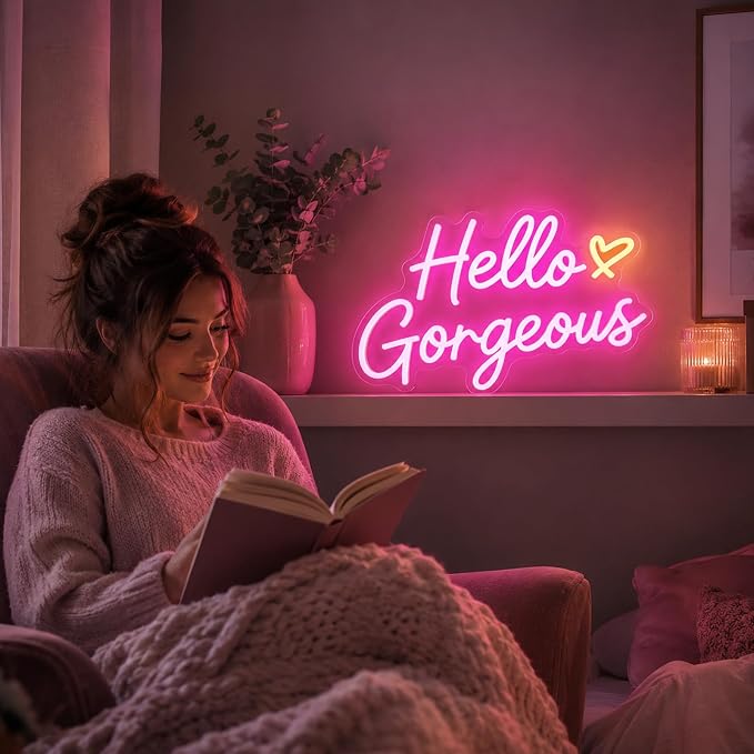 Hello Gorgeous Neon Signs for Wall Decor, Hello Beautiful Pink LED Lights | Dimmable Hello Gorgeous Light Sign for Girls Bedroom, Makeup Room, Beauty Salon, Wedding, Bachelorette Party, Gift for Women