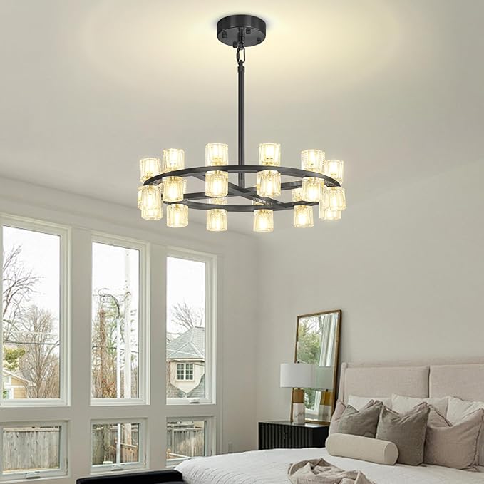 D24 Black Wagon Wheel Chandeliers Modern 24-Lights Black Round Chandelier Small Chandeliers for Dining Room,Living Room Vintage Chandelier for Foyer Hallway