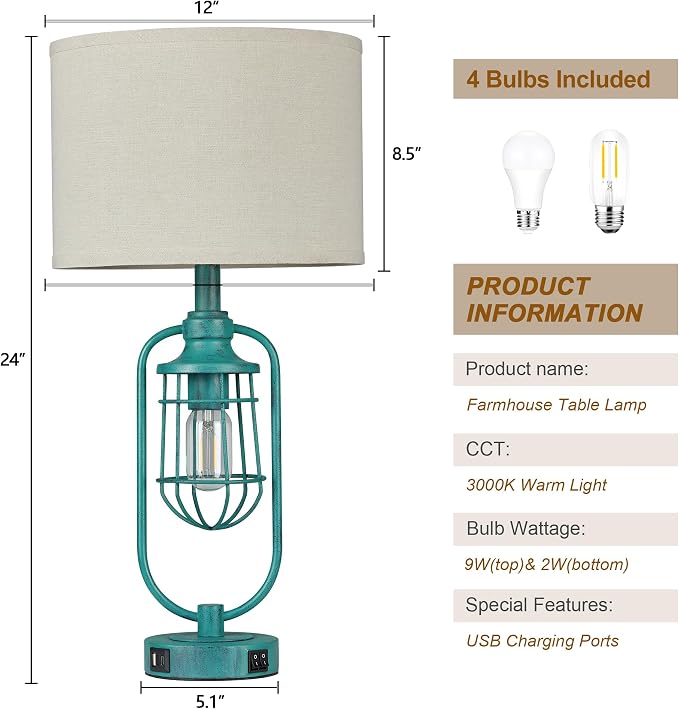 Table Lamps for Living Room End Table Set of 2, Farmhouse Lamps for Night Stands, Industrial Bedside Lamps for Bedroom with USB A+C, Bulbs Included