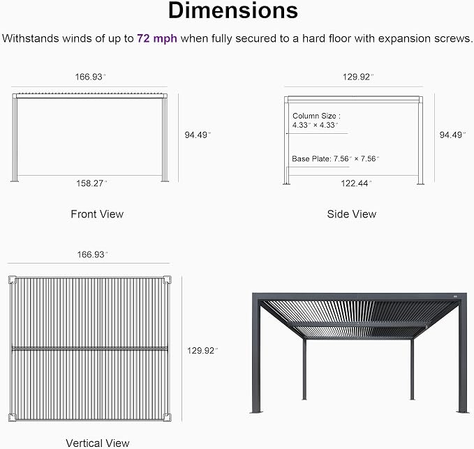 PURPLE LEAF Louvered Pergola 94AS 11' x 14' w/ 1L2W Side Shade Screen Grey | All-Aluminum Rustproof Frame, Two Adjustable Louvered Roofs, Plus Textilene Sunshade With UV Protection, DIY-Friendly Design