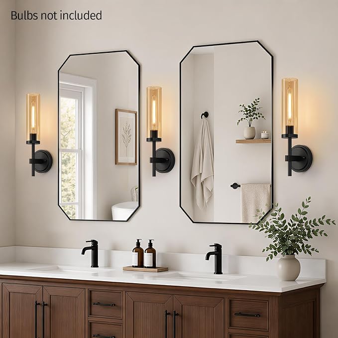 MOKATNG Hardwired Wall Sconces Set of Two, Matte Black Bathroom Sconces with Amber Glass, Modern Wall Light Fixtures for Bathroom Mirror Vanity, Living Room, Hallway, Stairway, Cabinet, Foyer