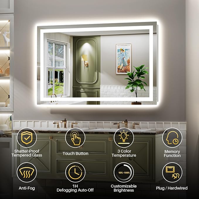 48x28 Inch LED Bathroom Mirror with Lights, Backlit & Front Lit | Anti-fog, 3 Color Dimmable, Memory Function, HD Reflection Tempered Glass, ETL Listed, IP54 Waterproof