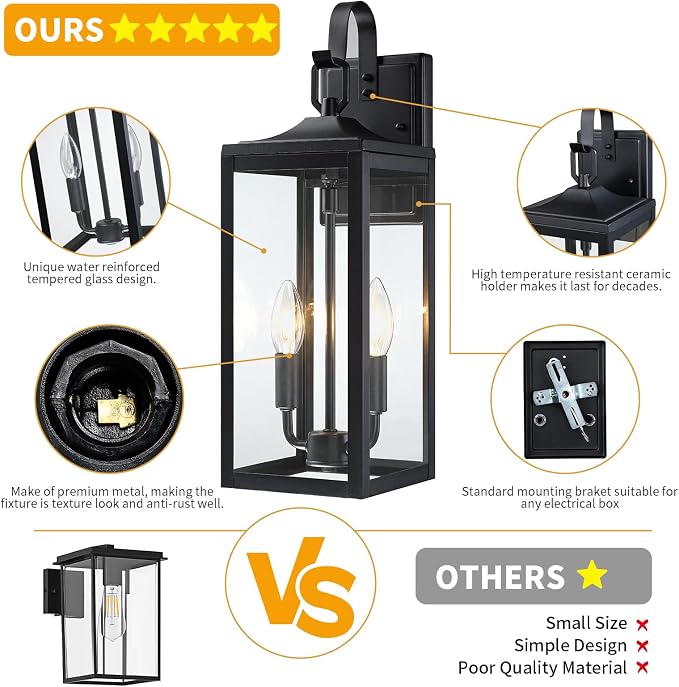 18'' Large Outdoor Wall Lights 2 Packs, Porch Light E12 2-Light, Black | Waterproof Exterior Lighting Fixtures, Outdoor Lanterns for Porch, Modern Wall Sconces, Outside Lights for House Garage
