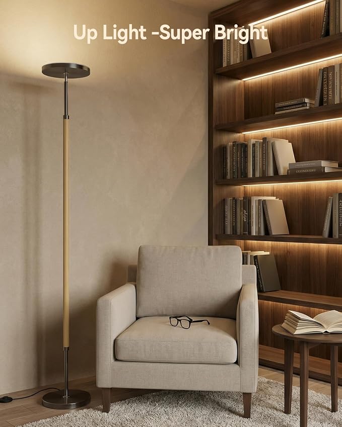 Wood LED Torchiere Floor Lamp with Remote, 3000LM Dimmable | 69" Tall Uplight, 3000K-6500K Color Temperature, 1-Hour Timer, Eye-Caring Lighting, For Living Room, Bedroom & Office