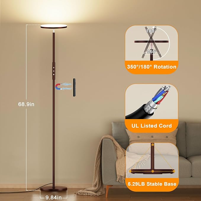 69" LED Floor Lamp, 3600LM Torchiere Modern Standing Lamp for Living Room | 350W Equivalent, Stepless Dimming 2700K-6500K, Remote & Touch Control, Super Bright, Floor Lamp for Living Room Bedroom,Brown