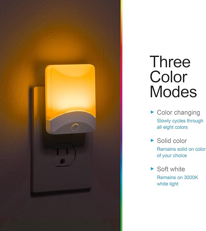GE Color Changing LED Night Light for Kids, Dusk to Dawn Sensor, Home Decor Apartment Essentials, Wall Lights for Bedroom, Ambient Lighting, Nightlights Plug in, 2 Pack, 46722-P1