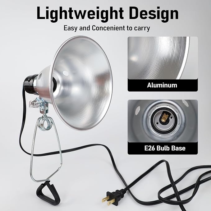 Clamp Lamp Light with Detachable 5.5 Inch Aluminum Reflector, 60 Watt E26 Socket (No Bulb Included), 6 Foot 18/2 SPT-2 Cord
