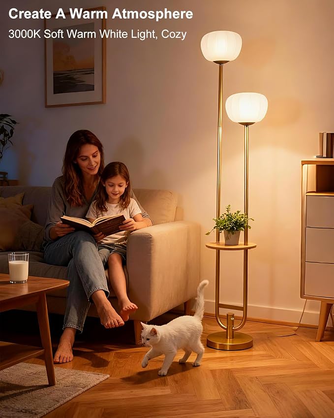 Lightdot 63IN Gold Floor Lamp Dimmable Standing Lamps with Tray Pumpkin Bulbs Included Unique U-Pole Mid Century Modern Tall Lamp with 5Lbs Heavy Base for Living Room/Party/Sofa Beside/Corner Decor