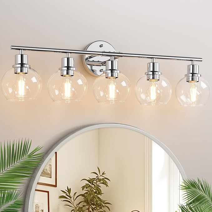 Indoi 5-Light Bathroom Light Fixture, Chrome Bathroom Wall Light with Clear Glass Globe Shades, Modern Vanity Lights Over Mirror for Bathroom, Bedroom, Kitchen, Living Room, Hallway