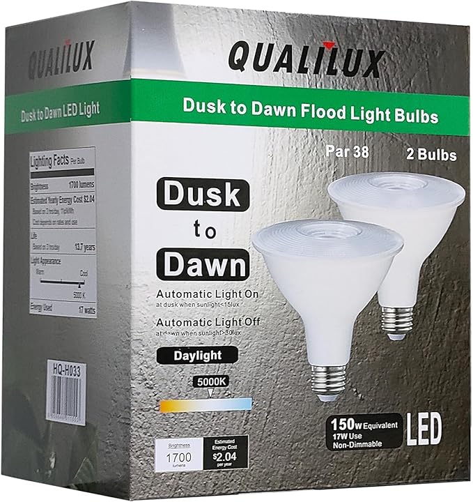 PAR38 Dusk to Dawn LED Flood Light Bulbs, Daylight White 5000K, 150W Equivalent 17W, 1700LM, Auto On/Off Light Sensing Outdoor Light Bulb, 2 Pack, Non-Dimmable, HQ-H033