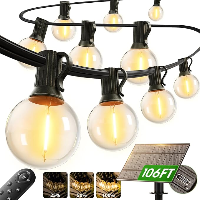 addlon 100FT 54LED Solar String Lights Outdoor Waterproof with Remote, USB | Shatterproof Outdoor Lights, 5000mAh Battery, Dimmable Timer Modes, Solar Powered Patio Lights for Backyard, Garden, Camping