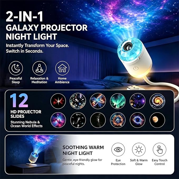2-in-1 Galaxy Ocean HD Smart Dynamic 5D Holographic Night Light Projector | Plug and Play, USB Portable, Adjustable Brightness, 360° Rotating Design, Star Starry Sky Mini Projector for Bedroom, Blue
