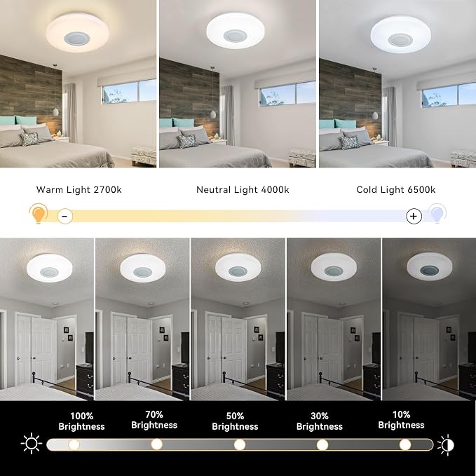 LED Ceiling Light Fixture,with Bluetooth Speaker,15.15 Inch 40W, 2700K-6500K Dimmable Music Lamp,RGB Color Changing Light with Remote Control,for bedrooms, Living Rooms-ASALL001-40
