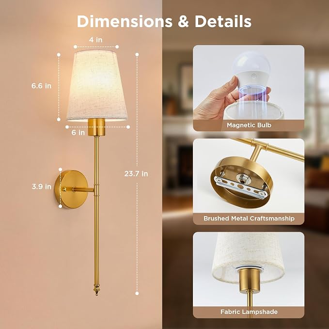 Brightown Battery Operated Wall Sconces Set of Two,Linen Sconces Wall Decor | RGBWW Rechargeable Wall Lights with Dimmable Magnetic Bulbs & Remote, Wireless Wall Lamp for Living Room Bedroom Hallway
