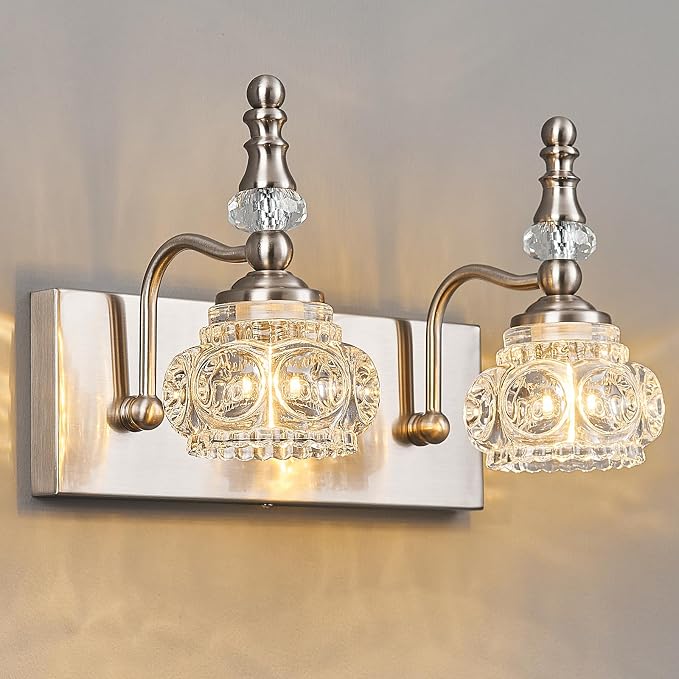 Modern Glass Crystal Vanity Light - Vintage Bathroom Lighting Fixtures Over Mirror, 2 Light Vanity Lights G9 Bulb (11.81 Inch, Nickel)