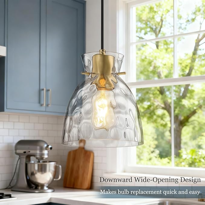 Black Gold Pendant Lights Kitchen Island 2 Pack, Small Brushed Brass Hammered Glass Pendant Light Fixtures, Adjustable Modern Hanging Lights Kitchen Pendant Lighting over Sink Bathroom Dining Room