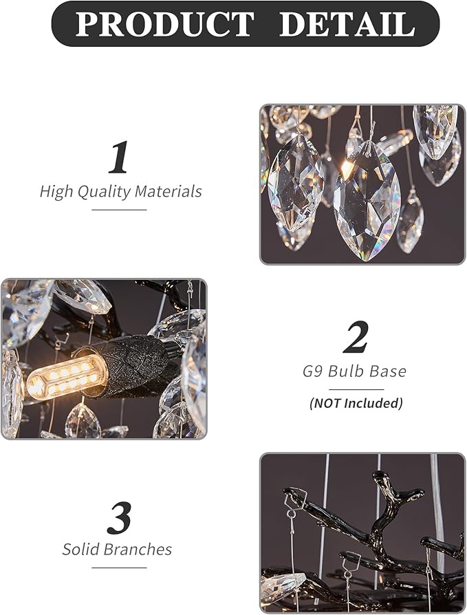 Modern Tree Branch Crystal Chandelier Luxury Blacl Crystal Pendant Lighting 23.6" Contemporary 8-Light Chandeliers for Dining Room Kitchen Bedroom Living Room