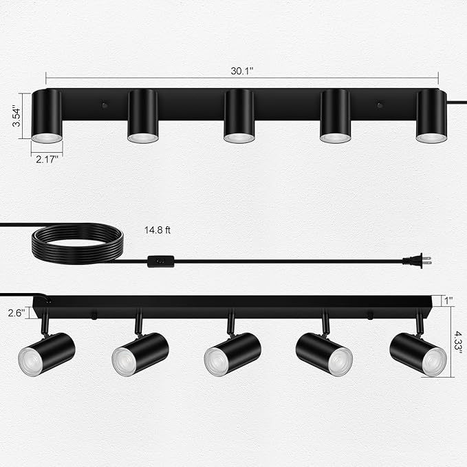 5 Light Track Lighting Kit,Black 5 Way Modern Plug in Ceiling Spotlight,Industrial LED Wall Light for Kitchen Cabinet Gallery Bar Hallway Living Room,Rocker Switch,15 Foot Cord(No Bulb)