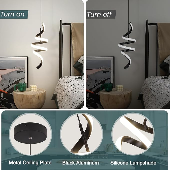 Modern Spiral LED Pendant Lights Kitchen Island, 22W Adjustable Height Hanging Light Fixture 5500K Black Chandelier for Dining Room Cafe Table, 3 Pack