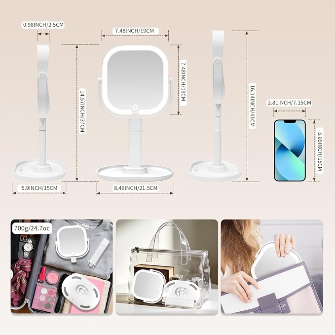 Makeup Mirror with Lights, 1X/10X Magnifying Mirror with Light, Rechargeable Lighted Makeup Mirror with Magnification, 3-Color Lighting, Height Adjustable 360° Rotation Desk Mirror, Gift for Women