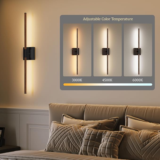 Morauroral 24″ Walnut Black Battery Operated Wall Sconces, Dimmable Wall Sconces with Remote Control, Rechargeable Sconces Wall Lighting, LED Wireless Wall Lights for Bedroom, Living Room, Bathroom