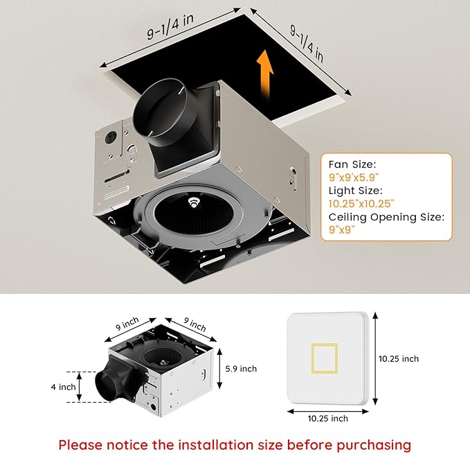 Fitop Bathroom Exhaust Fan with Light, 130 CFM & 1.5 Sones Bathroom Vent Fan, Nightlight & 1300LM LED Light 2700K/4000K/6500K, Light Memory Function, ETL Certified – Gold, 9 Inch