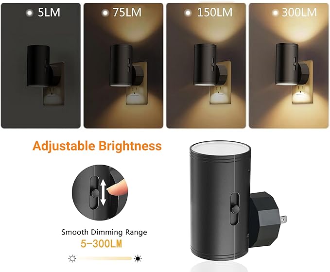 LED Night Lights Plug into Wall, Dusk to Dawn Sensor,5-300LM Adjustable Brightness, Soft White 3000K,Dimmable Night Lights for Kitchen,Hallway Bedroom,Stairs, 2 Pack