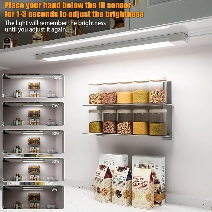 MYPLUS 16 Inch Under Cabinet Lights with Hand Wave, Under Counter Lighting 5000K Cold White,Dimmable,Plug and Play,LED Lights for Kitchen Cabinet, Cupboard, Closet, Desk