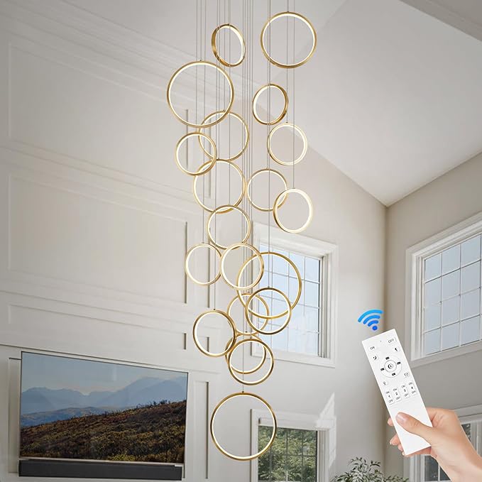 20 Ring High Ceiling Chandelier Foyer, Gold Modern LED Large Staircase Long Chandeliers Light Fixture with Remote for Staircase Entryway Living Room Dining Room(118in, 3000K-6500K)