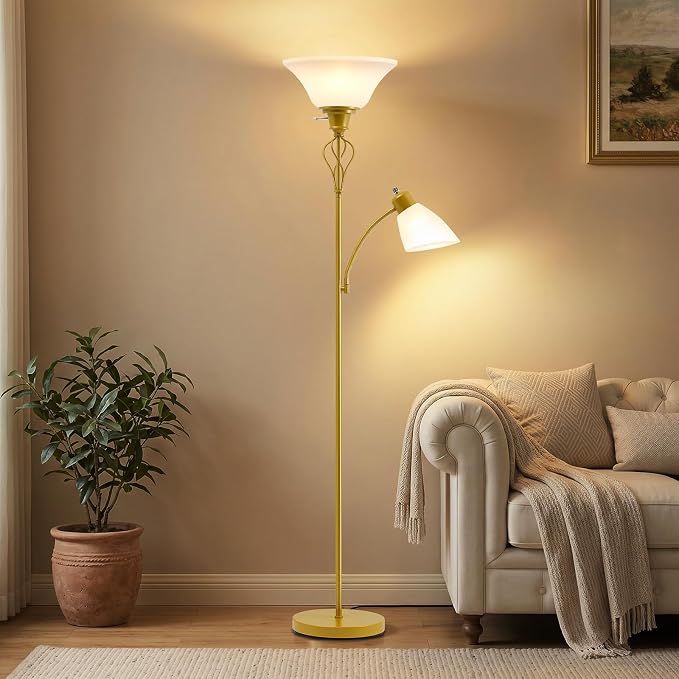 Floor Lamps for Living Room, 70" Tall Torchiere Floor Lamps, Plastic Shade | Tall Lamp with Adjustable Gooseneck Reading Light, Modern Corner Standing Lamp for Bedroom, Office, Separate On/Off Switch