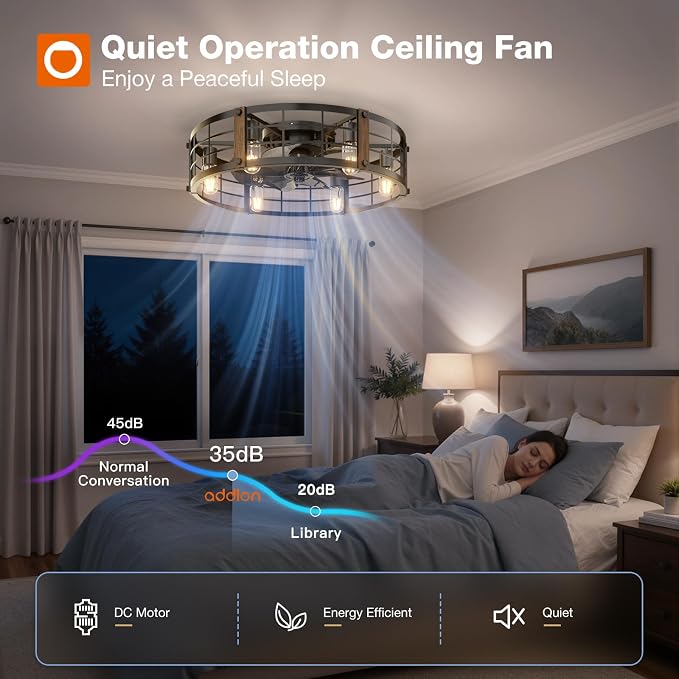 addlon 24" Caged Ceiling Fans with Lights and Remote, Low Profile Fandelier | Wider Airflow, 1/2/4/8H Timer, 6 Speeds, Reversible DC Motor, 6 E26 Sockets, Farmhouse Style, Quiet Operation