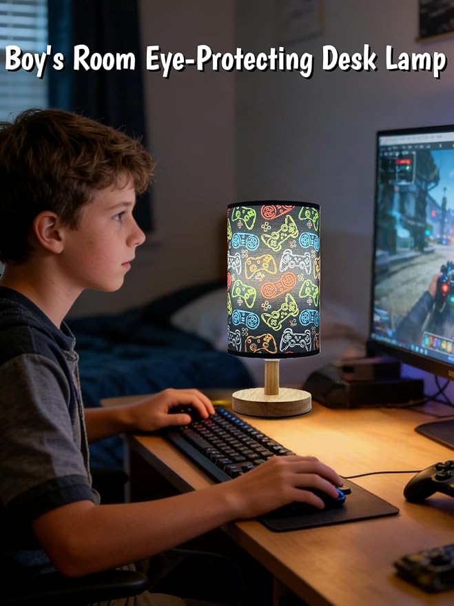 Video Game Table Lamp,Night Light for Kids Room,Cartoon Bedside Lamp 3-Color Dimmable LED Desk Lamp with Linen Lampshade and Wood Base for Bedroom Living Study Home Decor for Practical Gift for Boys