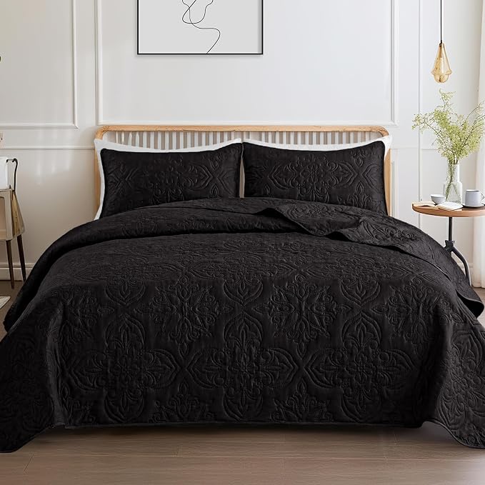 Whale Flotilla Cal King Quilt Set Vintage Damask Reversible Bedspread | Suitable for Bed, 3 Pieces Black Lightweight Breathable Oversized Quilts, Ultrasonic Coverlet Bed Cover with 2 Pillow Shams