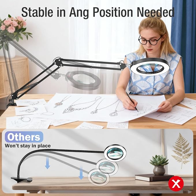 10X Magnifying Glass with Light and Clamp, Real Glass Stand Lighted Magnifier, 2*16 Arm 5 Color Modes Stepless Dimmable LED Desk Lamp Hands Free for Craft Hobby Reading Painting Close Work Large Black