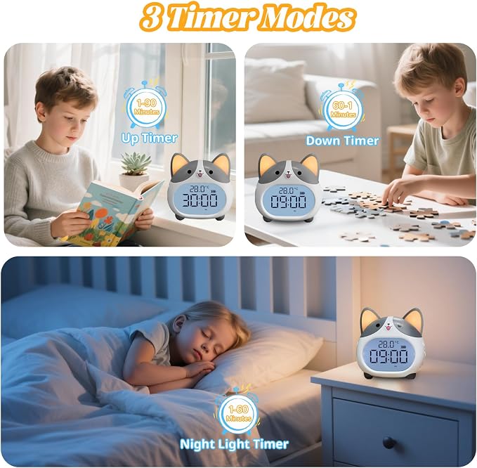 AVEKI Alarm Clocks for Kids - Cute Dog Clock with Night Light, 6 Alarm Tones, Snooze, Timer, Date and Temperature Display - Rechargeable Battery Operated Digital Clocks for Bedroom Kids Room