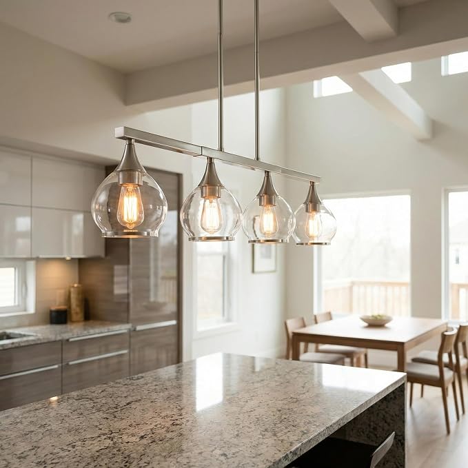 Kitchen Island Linear Pendant Light, 4-Light Brushed Nickeld Dining Room Chandelier with Clear Glass Globe Shades, Modern Linear Lighting Fixture Over Table