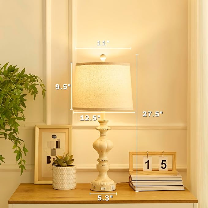 SAIWEYA 27.5" Farmhouse Table Lamps Set of 2, 3 Way Dimmable Touch Lamps | Touch Control, Dimmable, USB C+A Ports & AC Outlet, Bulbs Included, Bedside Nightstand Lamp for Living Room, Bedroom