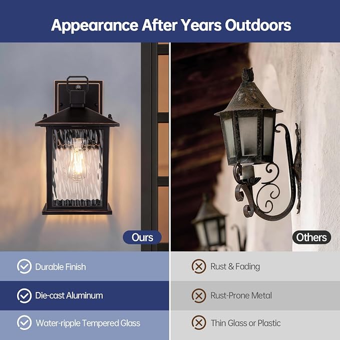 Dusk to Dawn Porch Light, Oil-Rubbed Bronze Outdoor Light Fixture | 2-Pack Outdoor Wall Light with Water Ripple Glass, Hardwired Aluminum Outside Wall Lantern, E26 Socket, Bulb Not Included