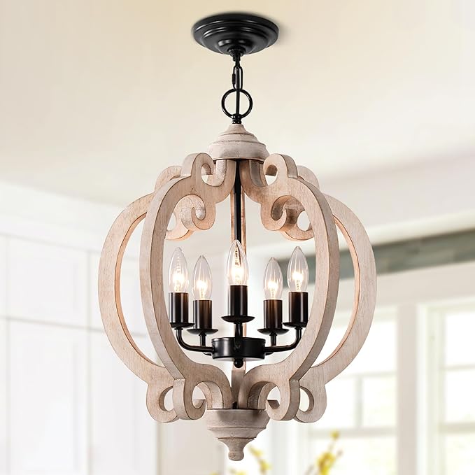 5-Light White Farmhouse Wood Chandelier, Rustic Dining Room Light Fixture with Adjustable Chain, Easy Assembly for Kitchen Island, Bedroom, Entryway, Living Room