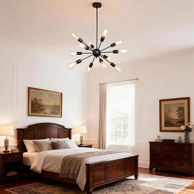 Sputnik Chandeliers Black, Modern 12-Light Farmhouse Pendant Light Mid Century Lighting Vintage Industrial Ceiling Hanging for Living Dining Room, Bedroom, Kitchen Island, Foyer
