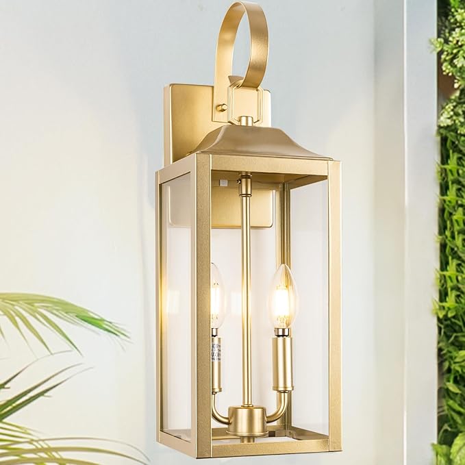 19" Gold Outdoor Wall Lantern 2-Light, Large Modern Outdoor Sconce Lights | Industrial Outdoor Light Fixtures Wall Mount with Clear Glass, Waterproof Farmhouse Exterior Lighting Fixtures, 1-Pack