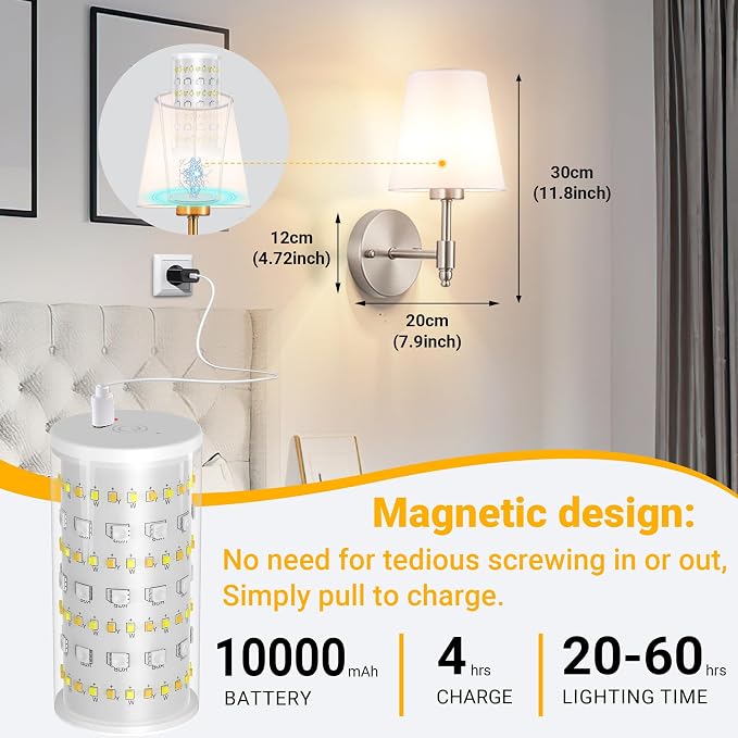 Vimhou Peel and Stick Wall Sconces, Stick On Wall Sconce Set of 2, Battery Operated Wireless Wall Light, No Drill Adhesive Wall Lamp, Corn Bulb with 10000mAh Rechargeable Battery, Bedroom Wall Decor