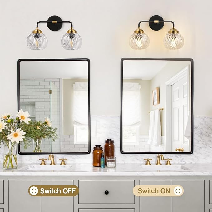 MOKATNG Bathroom Light Fixtures, 2-Light Clear Vanity Lights with Unique Leaf Texture Glass Shade, Modern Matte Black and Gold Bathroom Wall Lamp for Mirror Hallway Cabinet Living Room